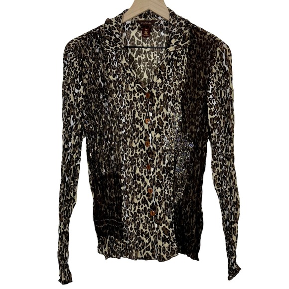 Multiples Tops - Multiples Women Leopard Print Button Up Shirt Size S Brown Sequin Pleated Blouse